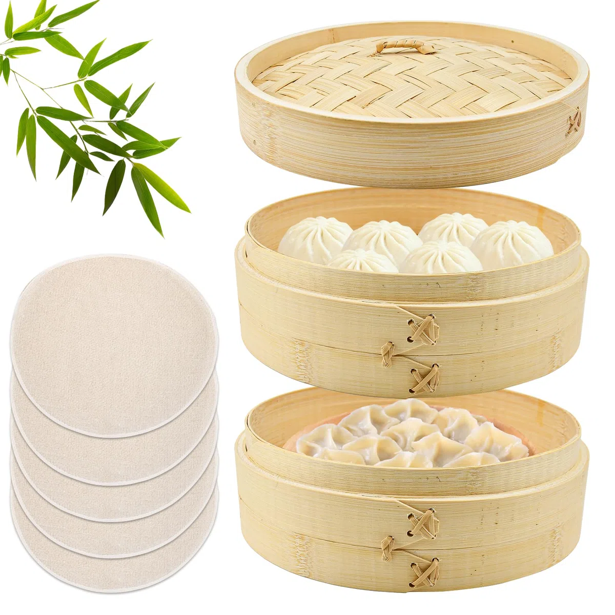 HEKOBAG 2 Pezzi Vaporiera in Bambù, Ø 21cm, Cottura a Vapore Cestello Bambù con Coperchio Cestello Bamboo Cottura a Vapore con 5 Panni per la Cottura a Vapore per Riso, Pesce, Carne, Verdure, Snack