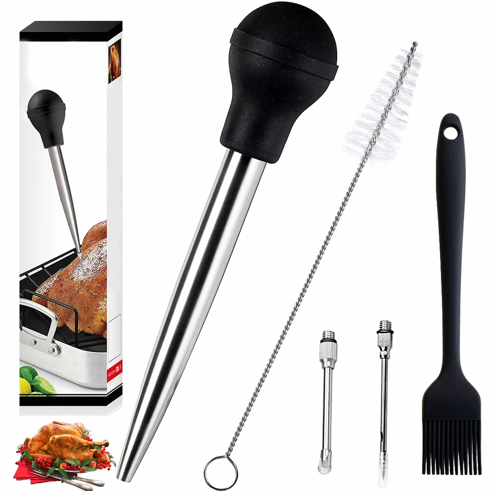 Siringa per Alimentare,Turkey Baster,Iniettore di Carne Siringhe,304 Acciaio Inox Pipetta per Salsa，Pompa per Condimenti, Inclusa Pennello in Silicone,Pulizia Pennello