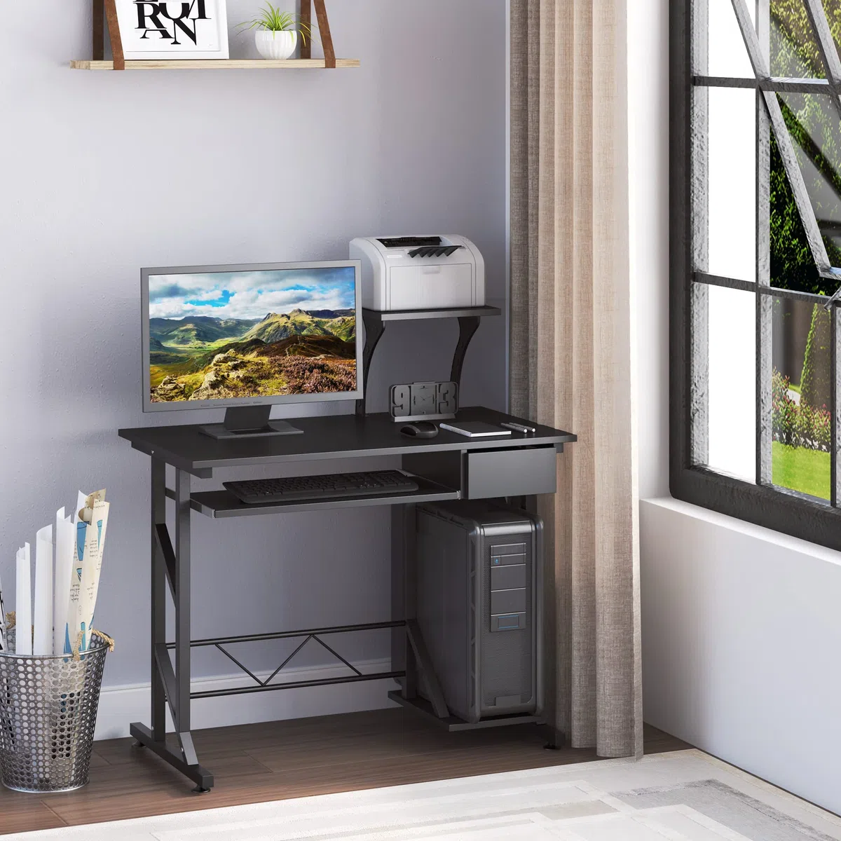 HOMCOM Scrivania per Computer Salvaspazio in Acciaio e Legno, Scrivania da Ufficio con Cassetto, Ripiano Tastiera Estraibile 90 x 50 x 95cm