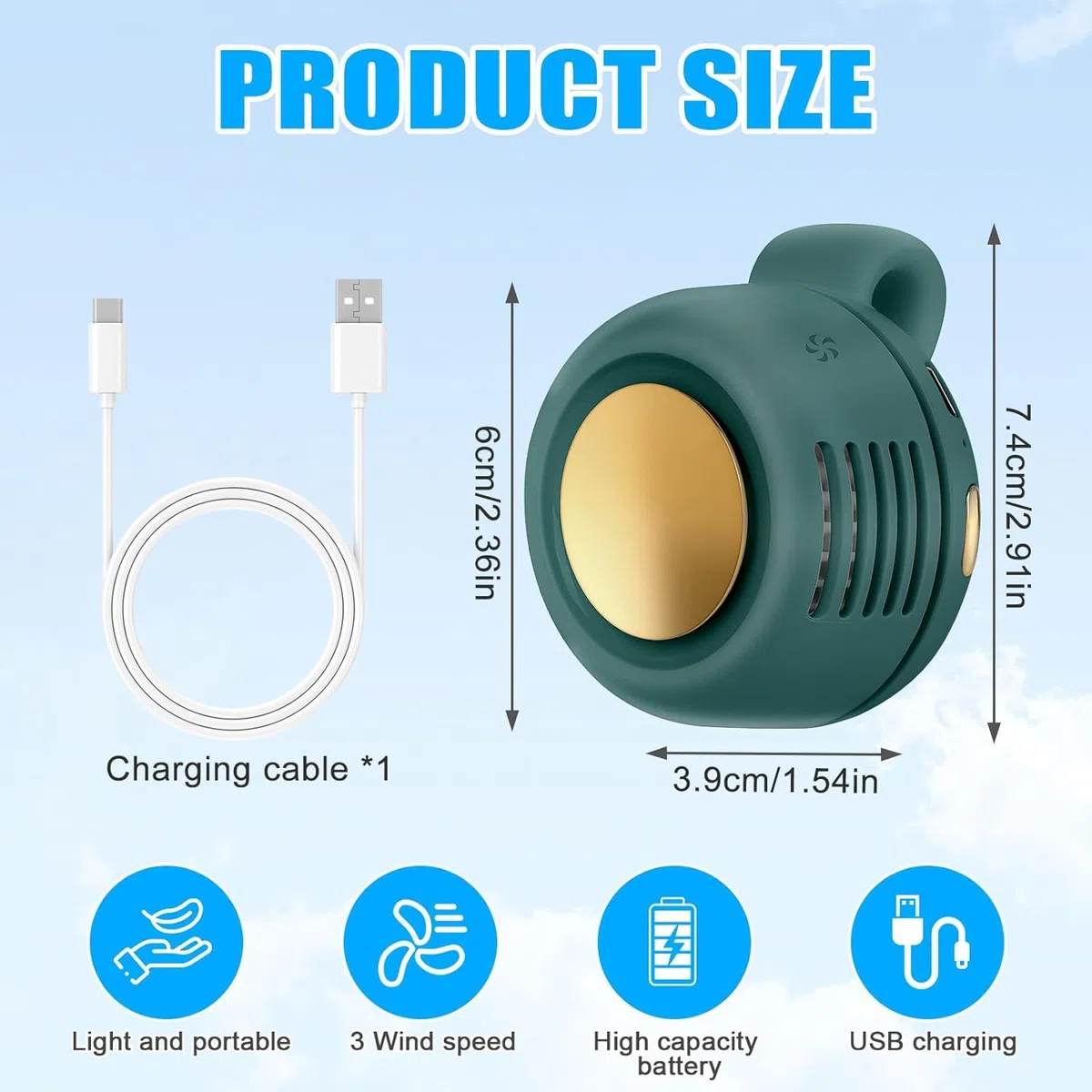 Mini ventilatore elettrico senza pale, portatile, silenzioso, a 3 velocità, con clip su vita e collo, ricaricabile, piccolo ventilatore elettrico da viaggio per esterni, viaggi, ufficio (verde)