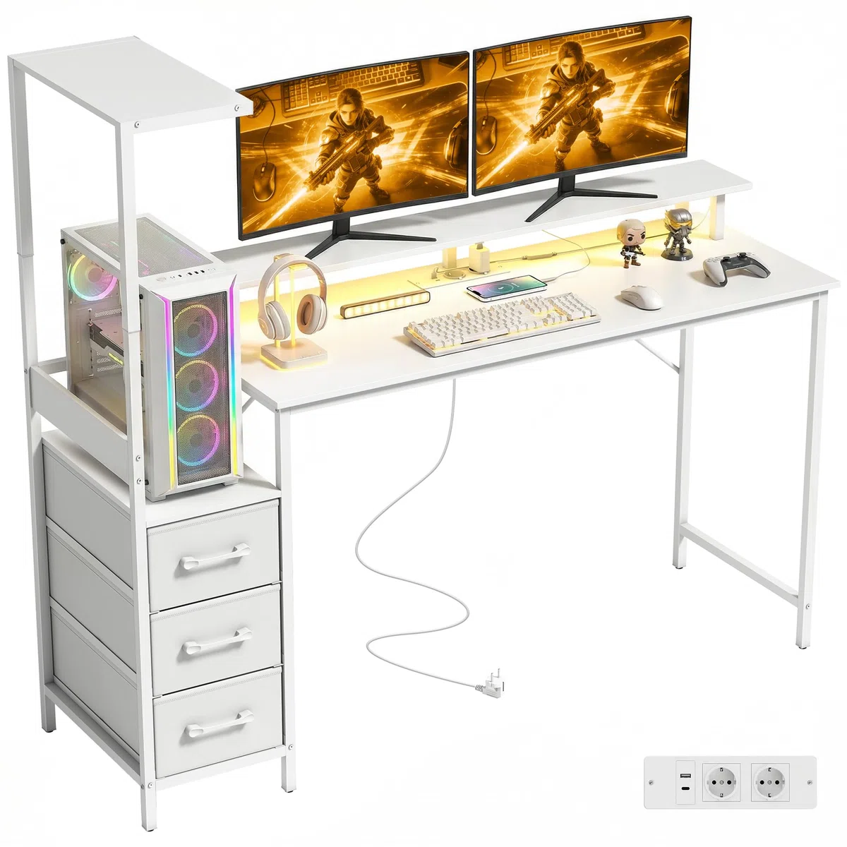 HOMCOM Scrivania Gaming con Supporto CPU Regolabile Reversibile e LED, 147x47cm Postazione Gaming con Stazione di Ricarica, Supporto per Monitor, 3 Cassetti in Tessuto, per Casa Ufficio Studio, Bianco