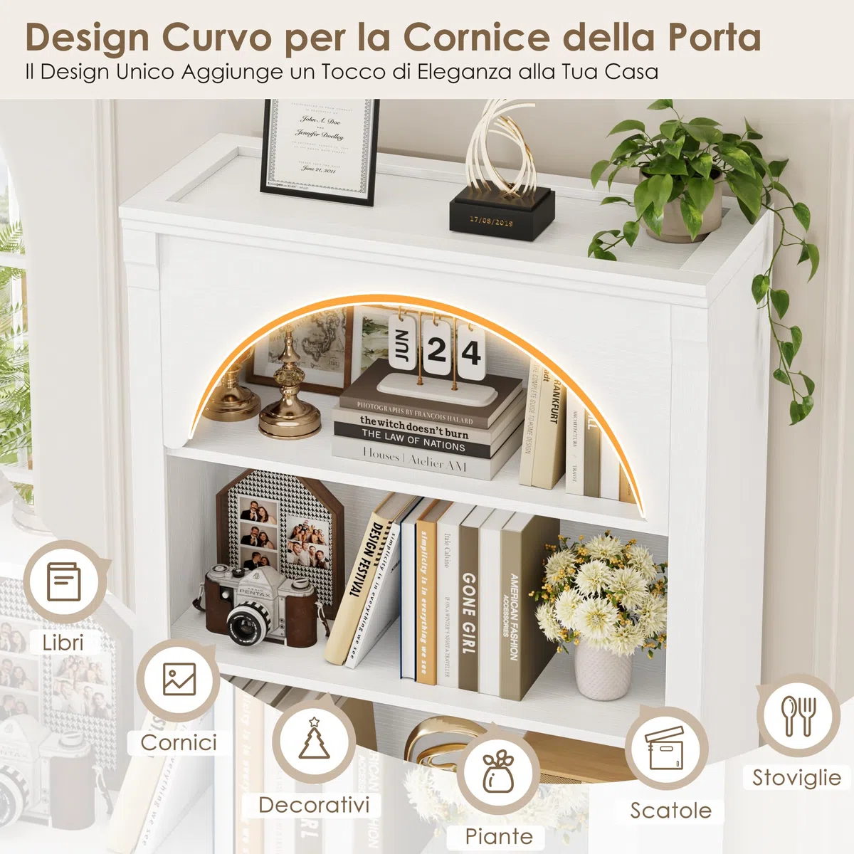 FirFurd Libreria Verticale, Libreria da Arco a 6 Ripiani, Scaffale Portaoggetti con Scomparti e Ripiani Aperti, per Soggiorno, Ufficio, Studio, Camera da letto, 75x27.7x186cm (Bianco)