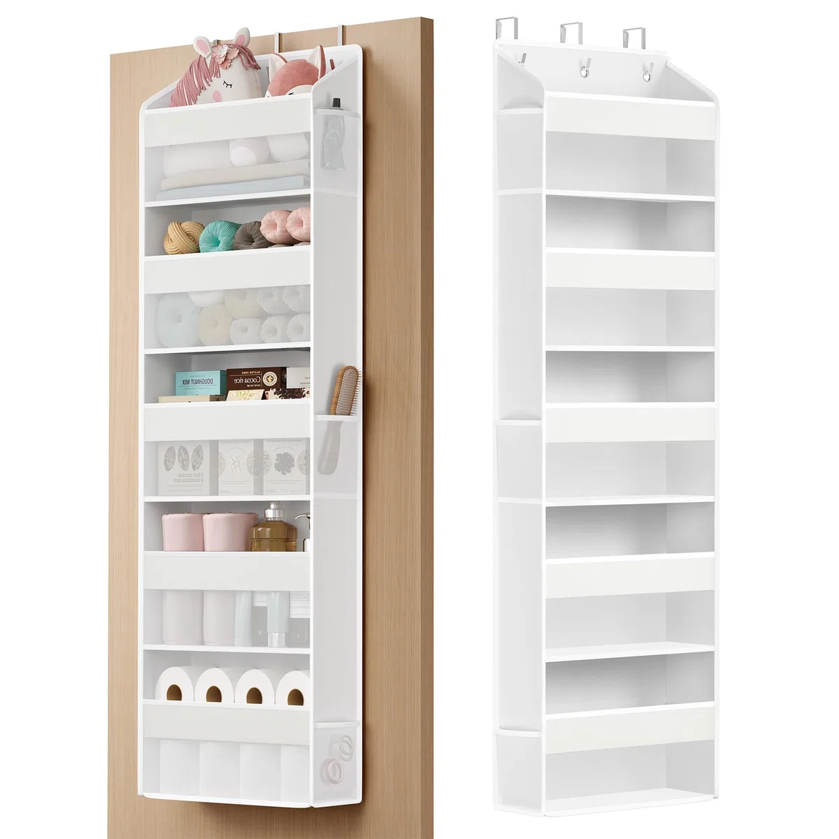 SONGMICS Organizer da Porta, 5 Scomparti, Portaoggetti da Appendere Pieghevole, Ganci in Metallo, Trasparente, Tasche Laterali, Bianco Nuvola RDH010WH01