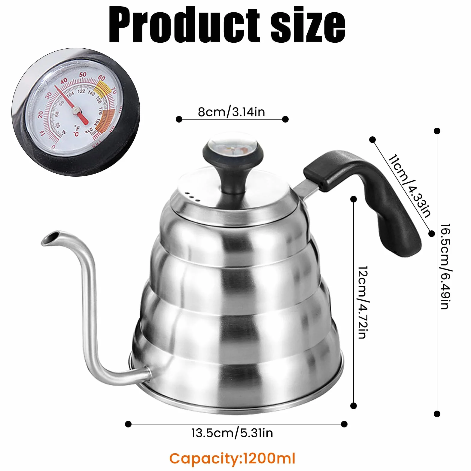 Bollitore a collo di cigno: 1200 ml / 40 oz in acciaio inox, bollitore a collo di cigno con termometro per tutti i tipi di fornelli, durevole, facile da pulire