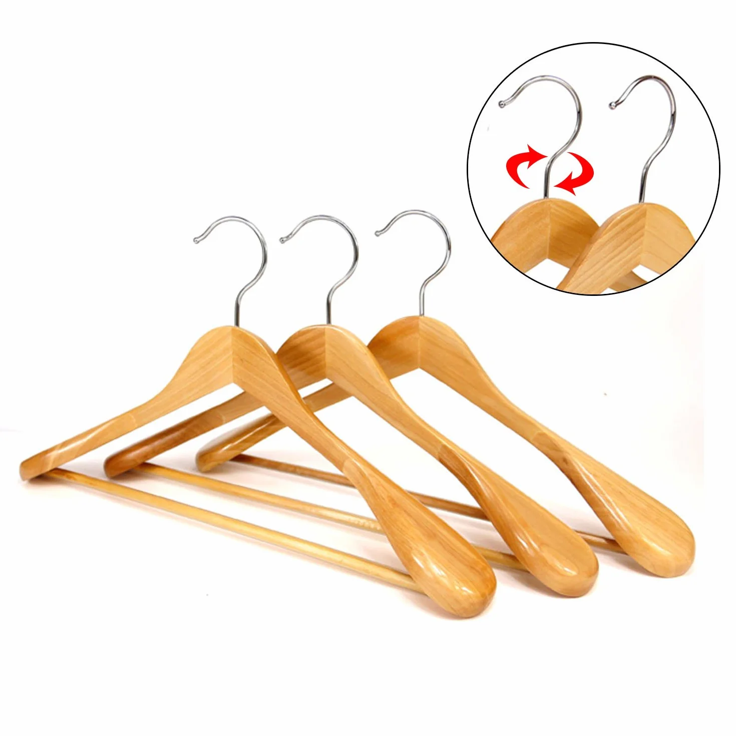 6 grucce appendiabiti in legno con barra antiscivolo per pantaloni di qualità naturale (6 grucce con bordi delle spalle larghi)