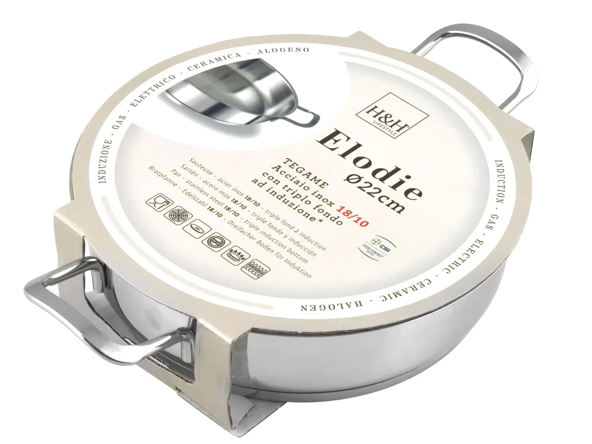 H&H Tegame Inox Elodie F/Ind Due Manici 22 Lt1,5 Pentole E Preparazione Cucina, Acciaio Inossidabile, Argento, 22 cm