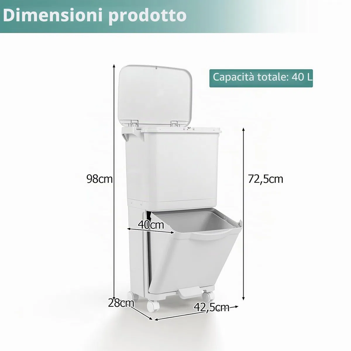 LIFEZEAL Pattumiera Differenziata a 3 Scomparti, Stretto, Coperchio a Pressione, Pedale, 4 Ruote, 2 Maniglie, Cestino Spazzatura Rimovibile, Bidoni Interno, Secchio Rifiuti, Cucina (Bianco, 40 L)