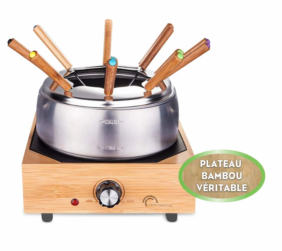 LITTLE BALANCE 8320 Wood Fondue 8 Inox – Apparecchio per fonduta 8 persone – Caquelon Inox antiaderente grande capacità 2 litri – Potenza 800 W – Finitura in vero bambù