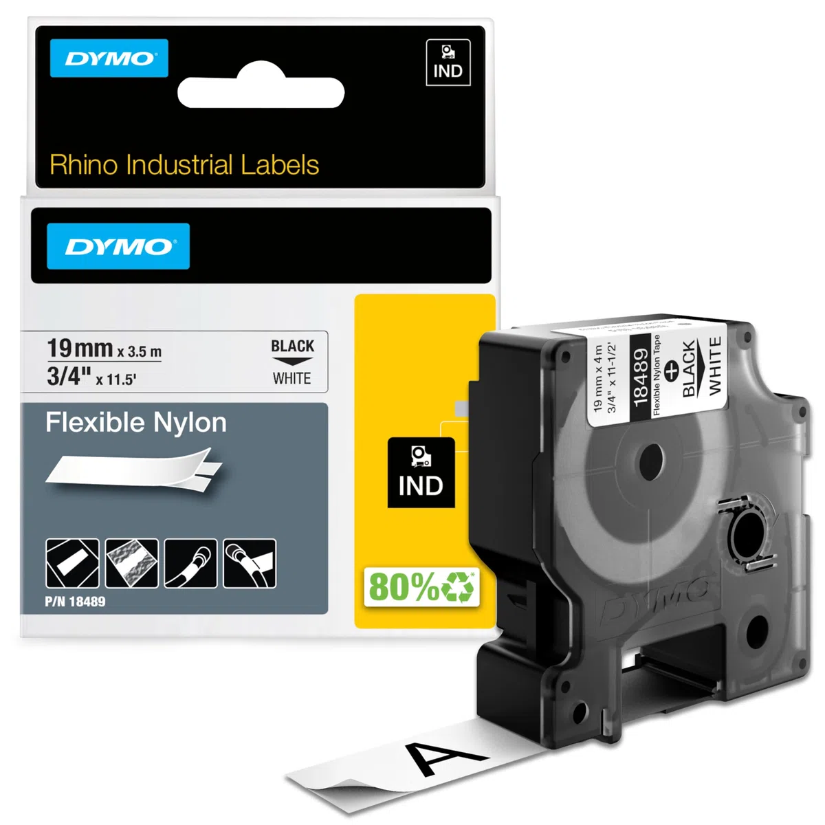Dymo Rhino etichette industriali flessibili in nylon autoadesive | rotolo da 19 mm x 3,5 m | stampa nera su bianco