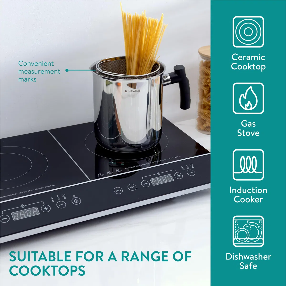 Navaris Pentola per Friggere - Pentola Friggitrice con Cestello in Acciaio Inox - 3,4 L - Cuoci Asparagi Verdure e Pasta Lunga - Spaghettiera con Scolapasta Incorporato