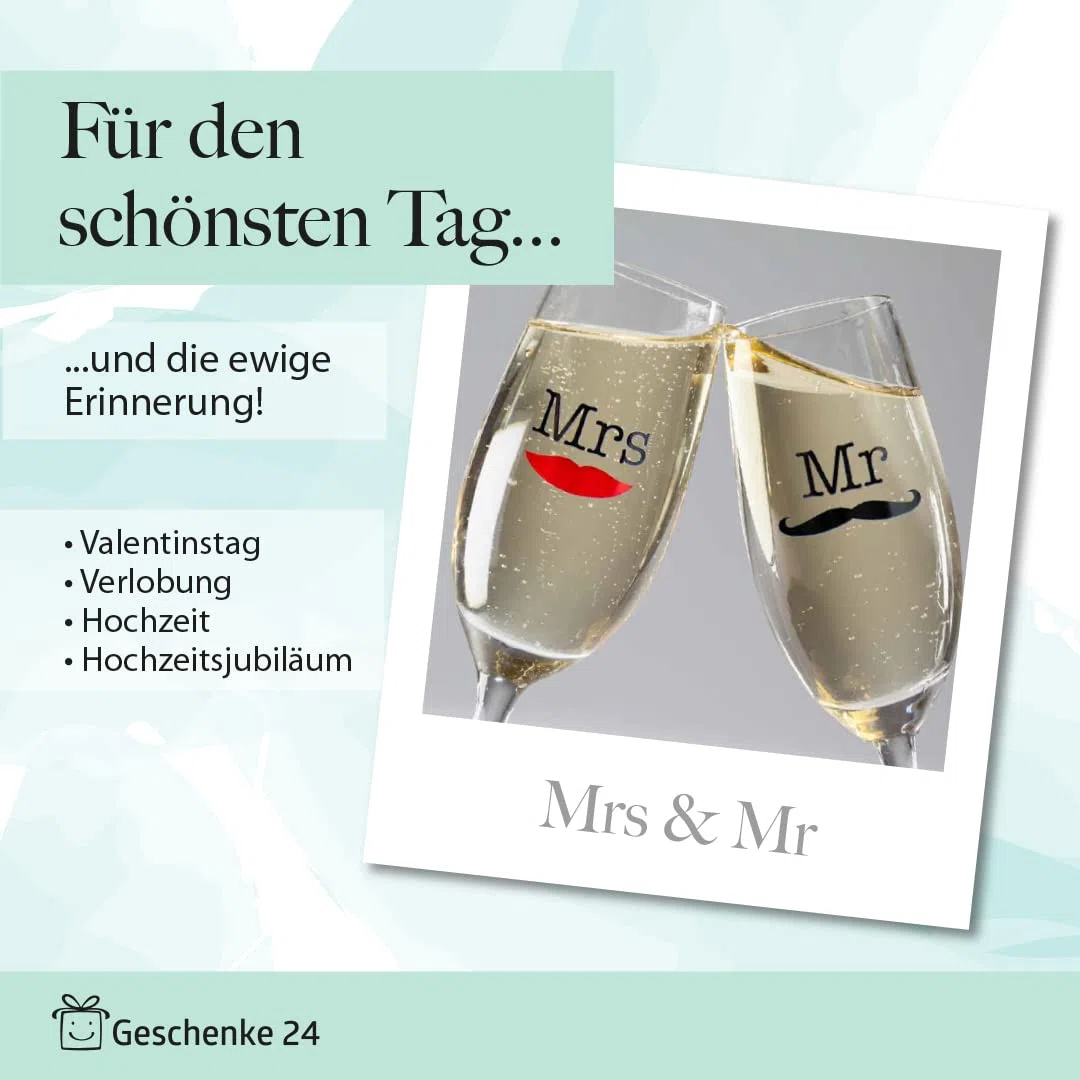 Geschenke 24 Bicchieri Prosecco per Matrimonio I Set da 2 Calici Mr Mrs I Calici Personalizzati Matrimonio con Disegno Bacio e Baffi I Flûte Vetro Regalo Matrimonio I Decorazione Tavola