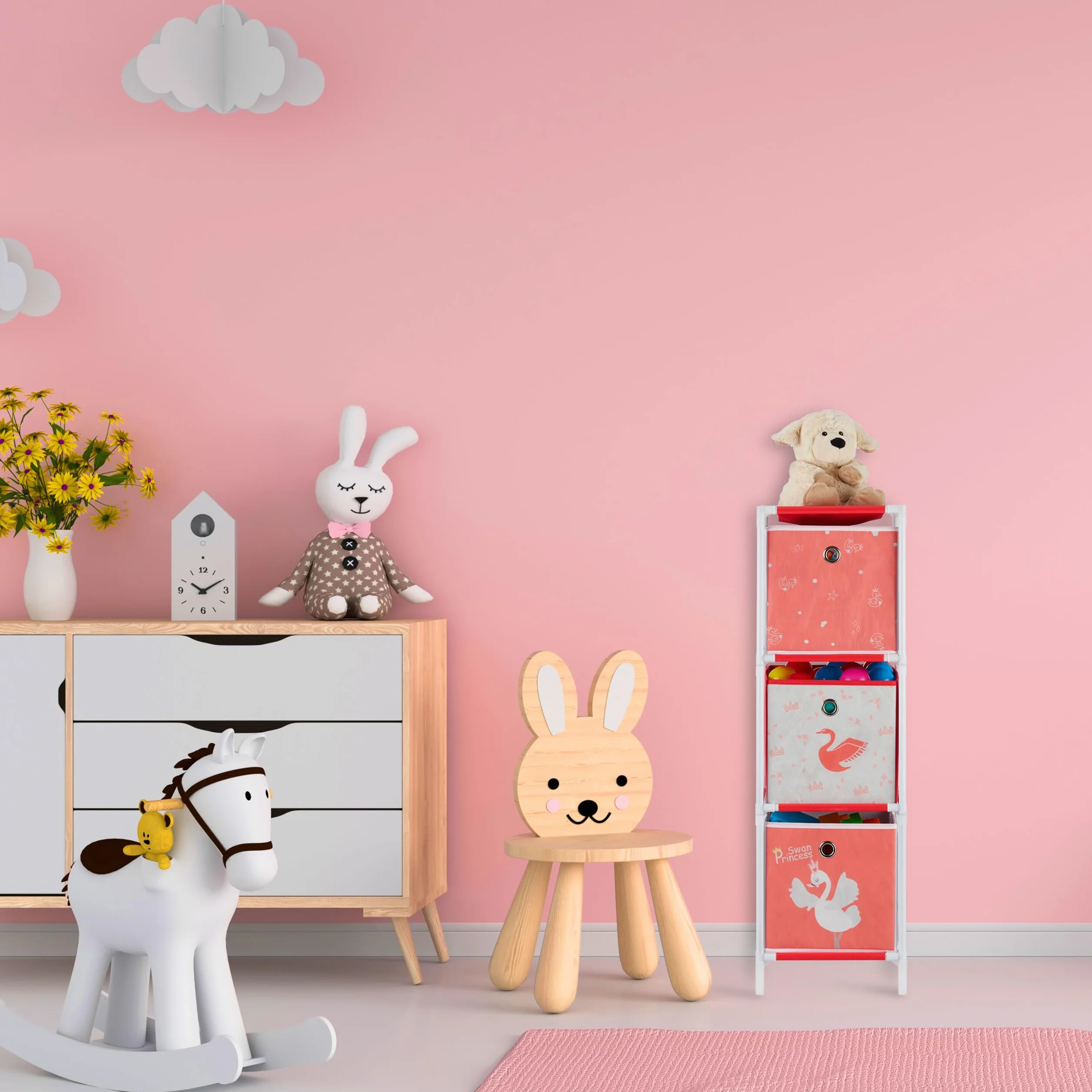 Relaxdays Scaffale per Giocattoli con 3 Scatole, Bambini Bambine Design Swan Princess HBT 89x27,5x30 cm, Bianco/Rosso