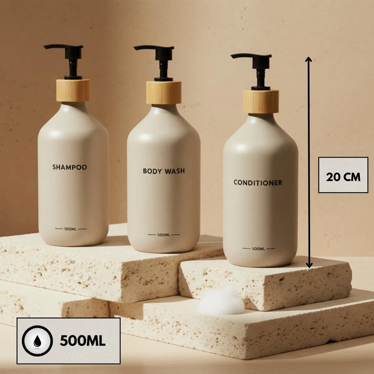 Dispenser di sapone da bagno, 500 ml, beige con dettagli in bambù, set di 3 flaconi per gel e shampoo balsamo, dispenser di sapone da bagno, elegante e funzionale per mantenere la doccia ordinata e