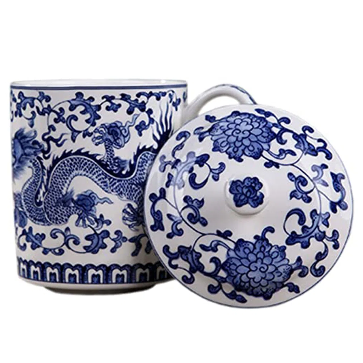Tazza da tè in Ceramica Blu e Bianca di capacità da 500 ml con Coperchio e Manico, Tazze da tè Cinesi per Foglie sfuse, Ufficio a casa