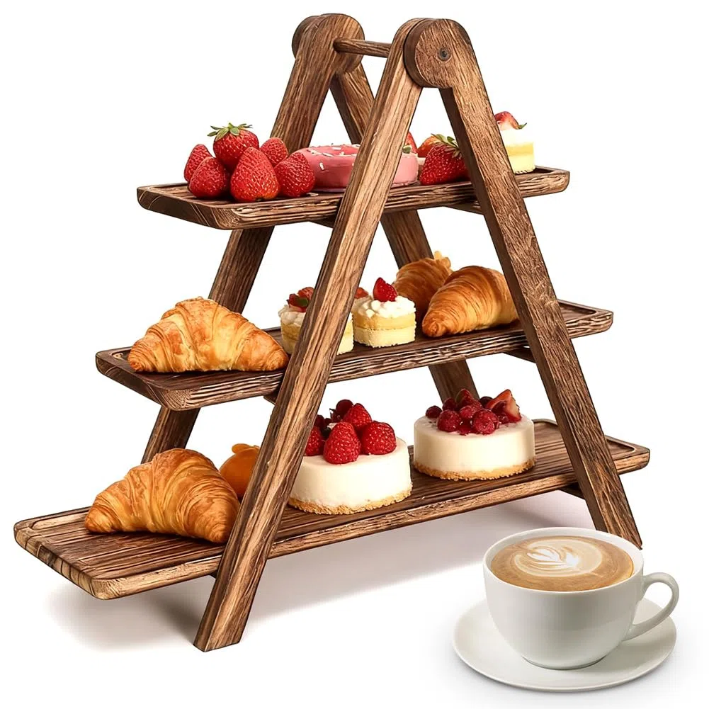 Vassoio da Portata a 3 Ripiani in Legno, Supporto per Cupcake, Torte, Dessert, Frutta, Salumi, Buffet e Snack, 42 x 34 x 17,8 cm