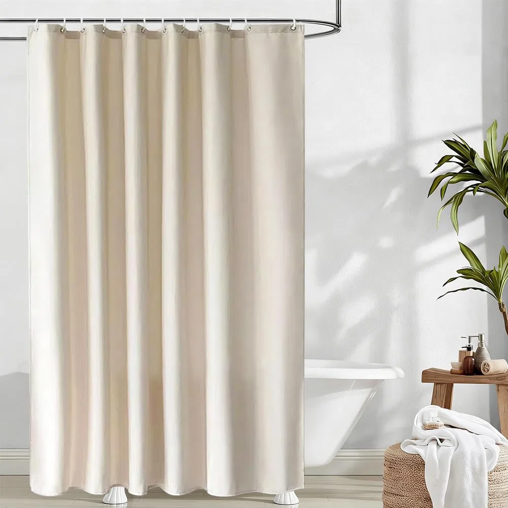 Tenda da doccia in lino 180x200 cm Beige chiaro, lavabile in lavatrice, tenda da bagno in tessuto lavabile antimuffa con 12 anelli