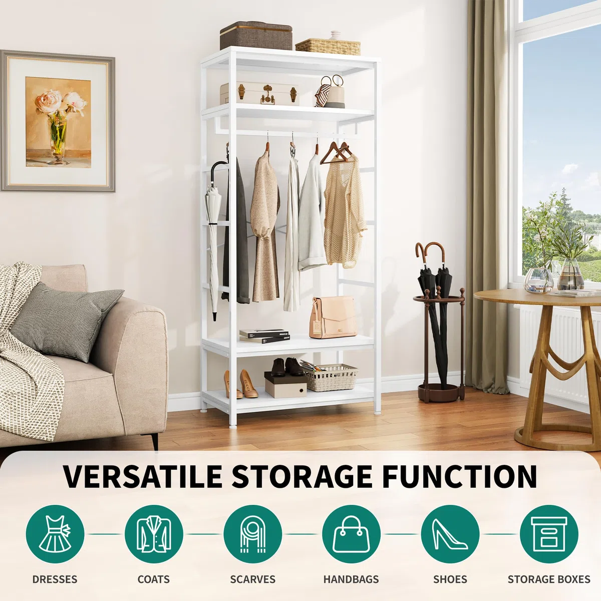 YITAHOME Appendiabiti con Portascarpe, Attaccapanni da Pavimento con 4 Ripiani, Porta Abiti Industriale, Scaffale per Abbigliamento, per Ingresso Corridoio Soggiorno, Bianco