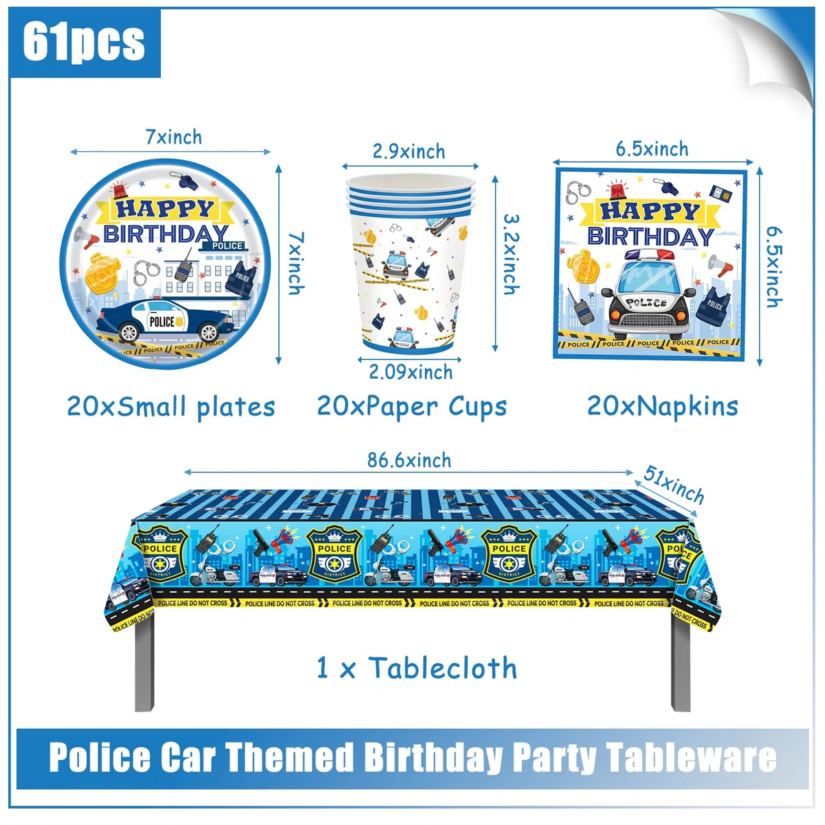 61 pezzi di stoviglie per festa di compleanno con auto della polizia, stoviglie per festa di compleanno per bambini, decorazioni a tema auto della polizia, tazze, piatti, stracci