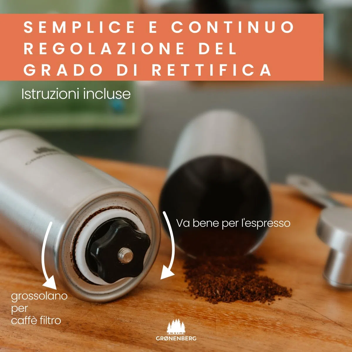 Groenenberg Macina caffé manuale, regoliable | Macinacaffè in acciaio inossidabile (inox) | Macinino caffè manuale | Coffee grinder con smerigliatrice in ceramica | Regolazione precisa