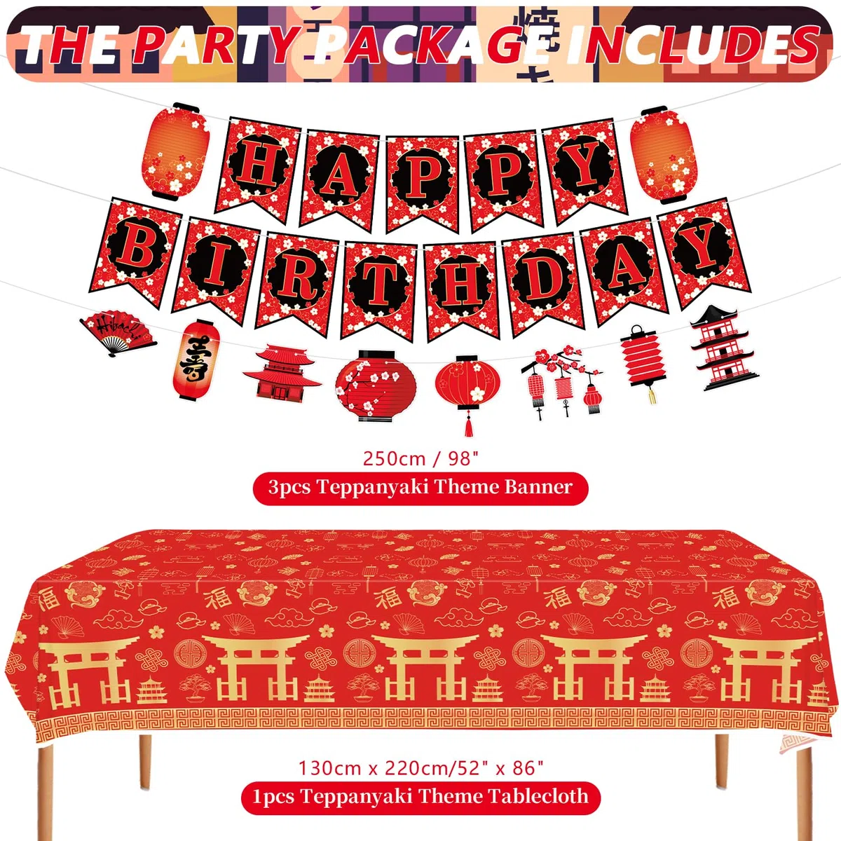 Decorazioni per feste Hibachi, forniture per feste di compleanno giapponesi Hibachi includono striscione di buon compleanno, decorazioni per torte, centrotavola a nido d'ape, tovaglia e palloncini per