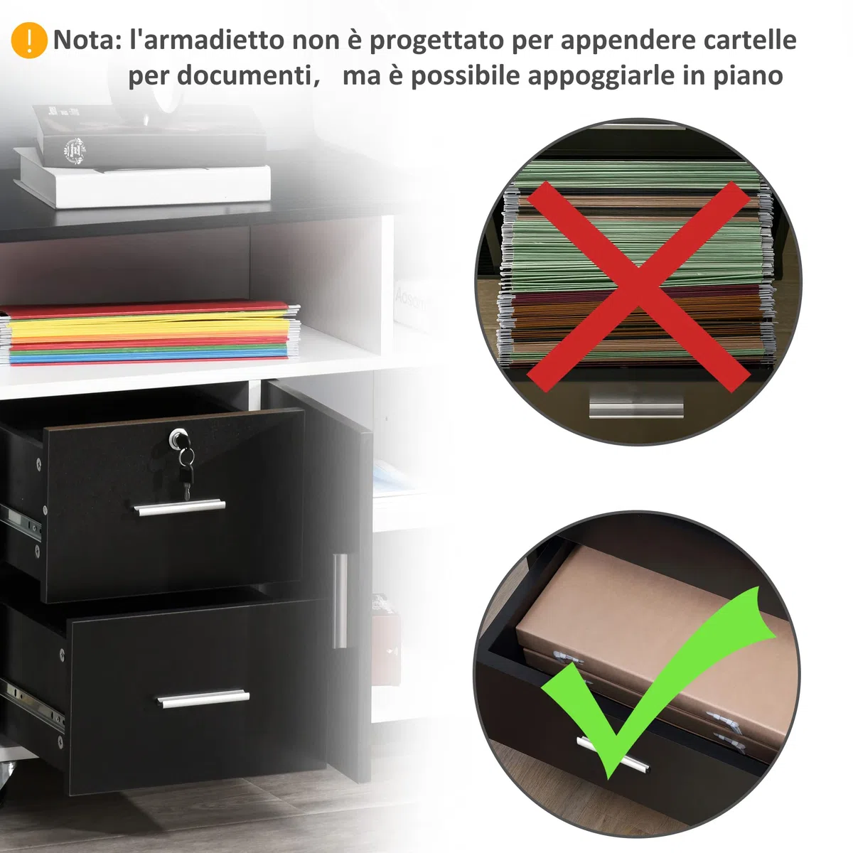 HOMCOM Mobile Porta Stampante a Rotelle con 2 Cassetti Chiudibile a Chiave, 3 Ripiani e Armadietto, Mobile Stampante per Documenti da Ufficio e Studio, 100x35x65 cm, Nero e Bianco