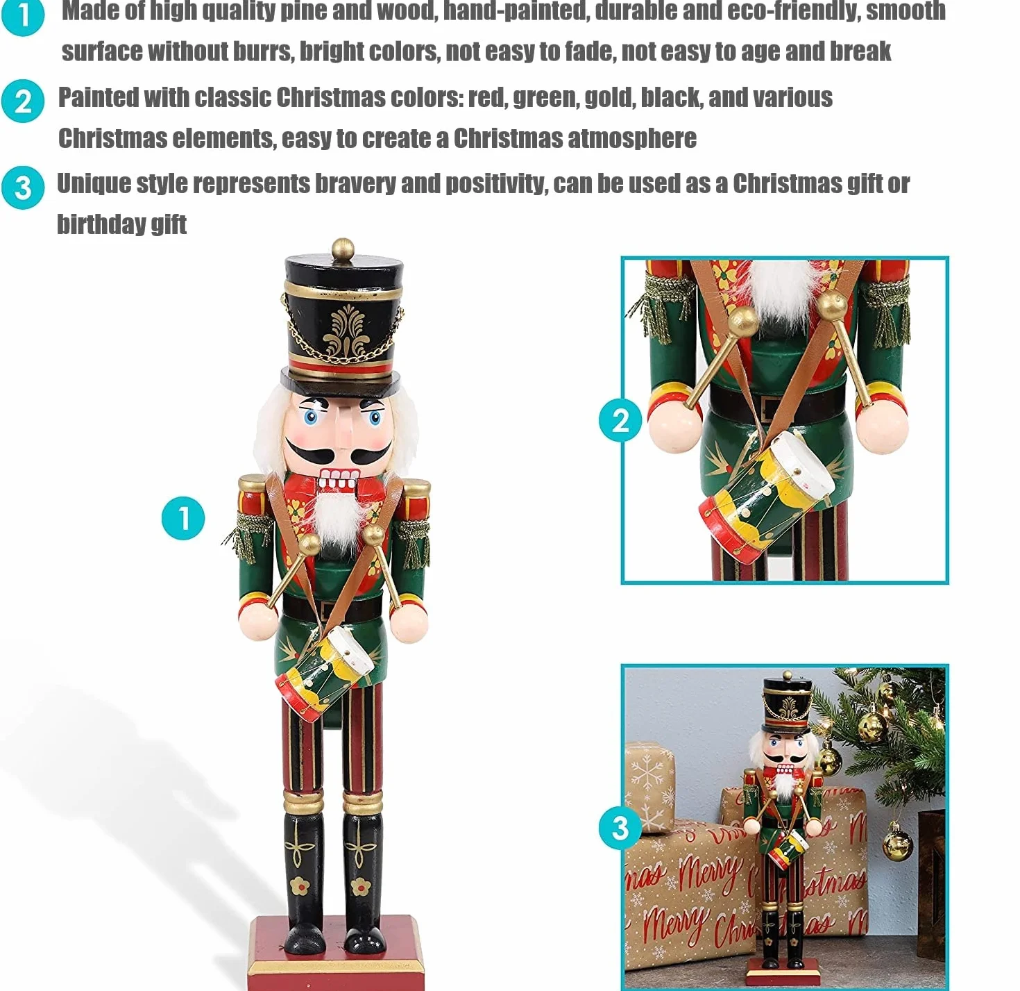 KAHEIGN 2 Pezzi Soldati Schiaccianoci di Legno, 2 Stile 30CM Figure Tradizionali dello Schiaccianoci di Natale Soldato Dipinto in Legno di Pino Premium per Casa Camino Decorazione (Tamburo & Spada)