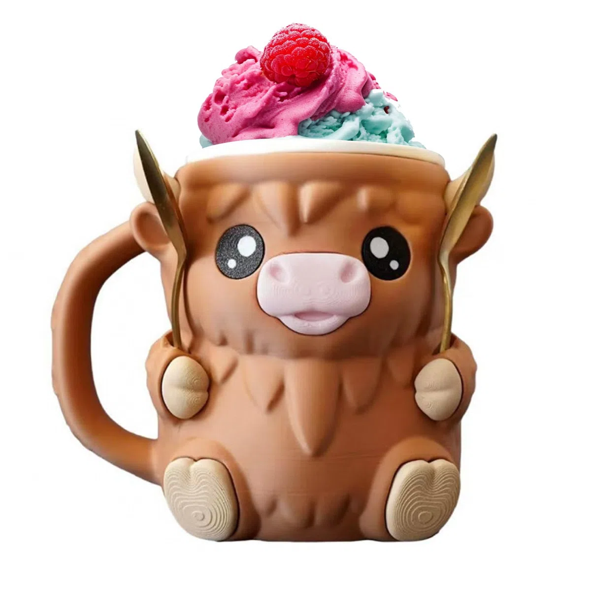 Porta Gelato Highland Cow con Cassetto Segreto, Supporto per Pinta di Gelato & Decorazione, Include 2 Cucchiai, Ideale per Casa, Picnic, Festa & Campeggio