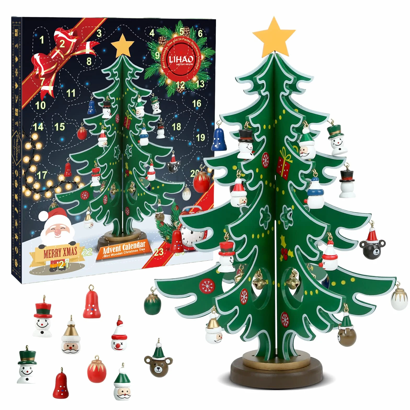 LIHAO Calendario Avvento 2026 Bambini Decorazioni Albero di Natale Piccolo in Legno Addobbi Natalizi Regali Natale Ragazzi Ragazze
