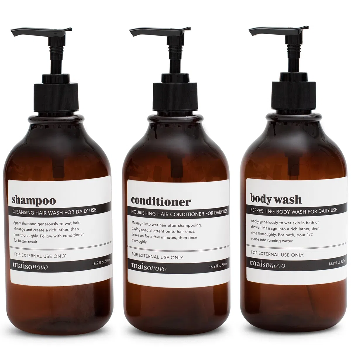 MaisoNovo Bottiglie per shampoo e balsamo Set di 3 - dispenser sapone doccia - 500ml Dispenser shampoo e bagnoschiuma - bottiglie di plastica ambra e Pompe nere