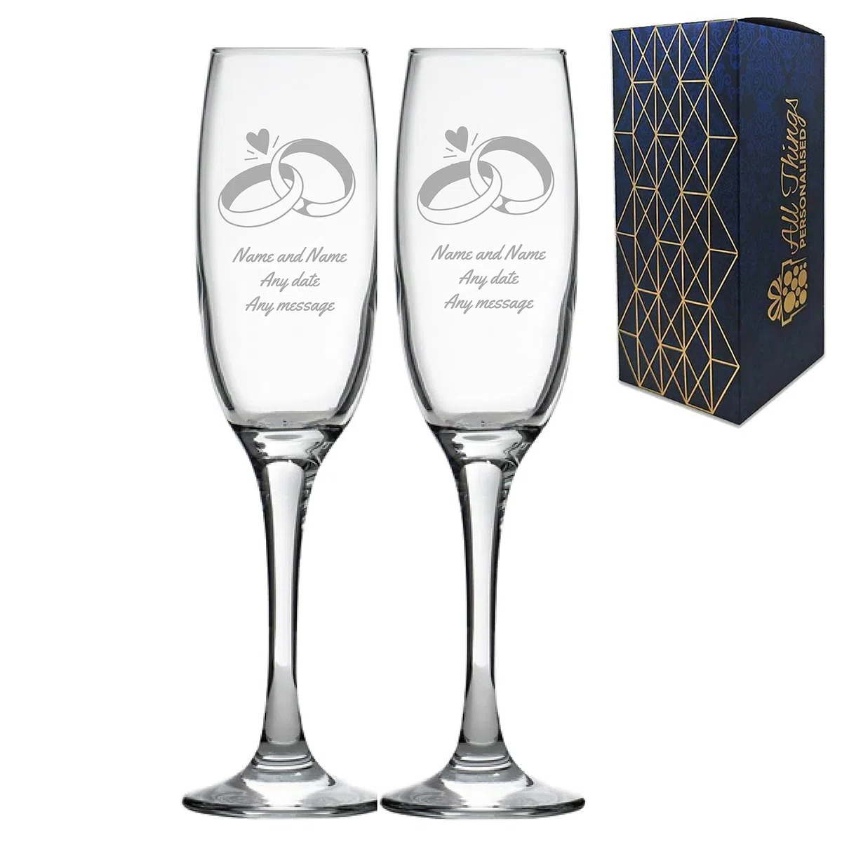 Set di bicchieri da champagne da matrimonio con incisione personalizzata con qualsiasi messaggio, qualsiasi data, design di fedi nuziali, due bicchieri da champagne personalizzati da 7 once