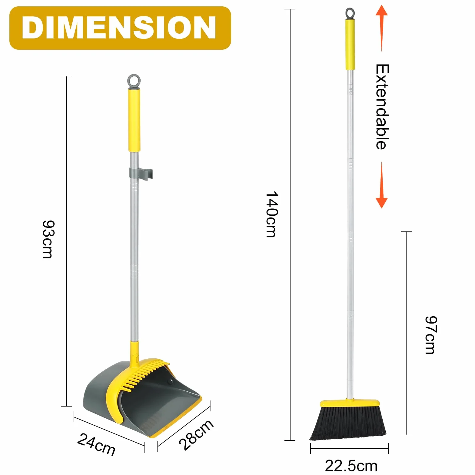 Set di scopa e paletta con manico lungo 137 cm, perfetto set di paletta e spazzola per una pulizia efficiente della casa (giallo e grigio)