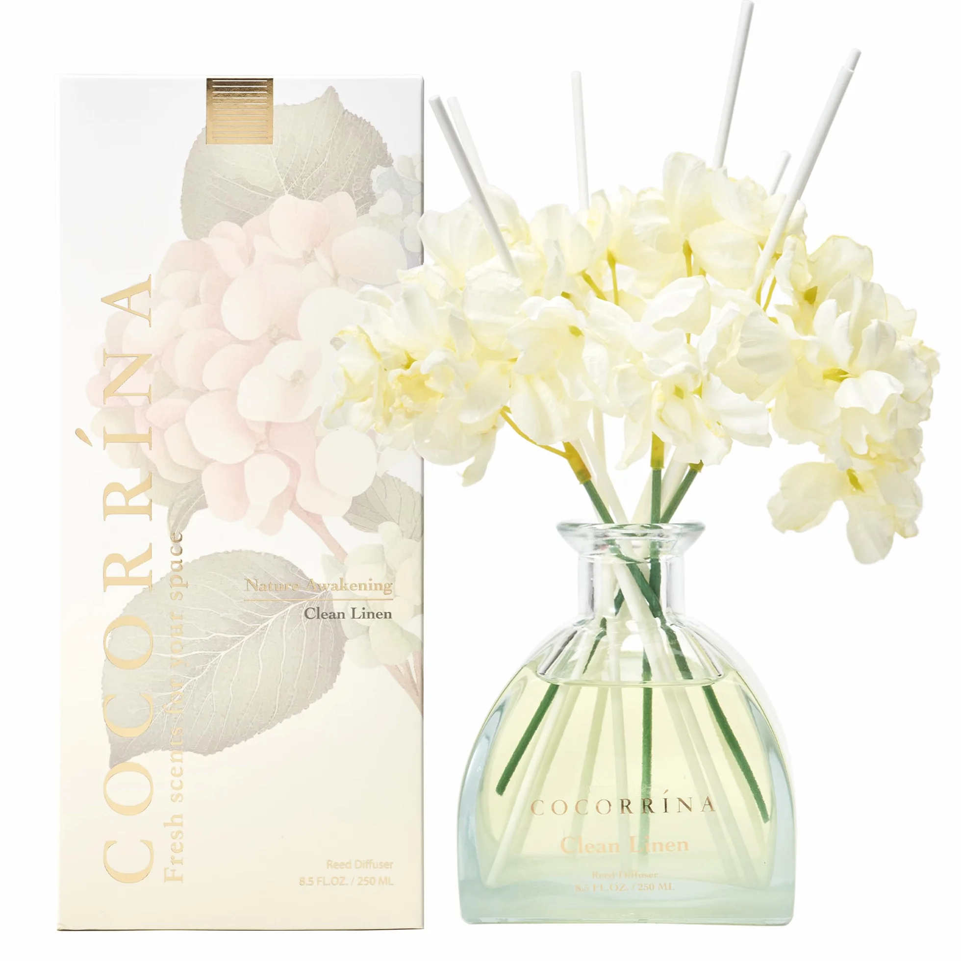COCORRÍNA Fiore Diffusore Profumo Ambiente 250ml, Clean Linen, con 8 Bastoncini di Fragranza, Naturale, di Lunga Durata, per la Camera da Letto, L'Ufficio, Il Bagno