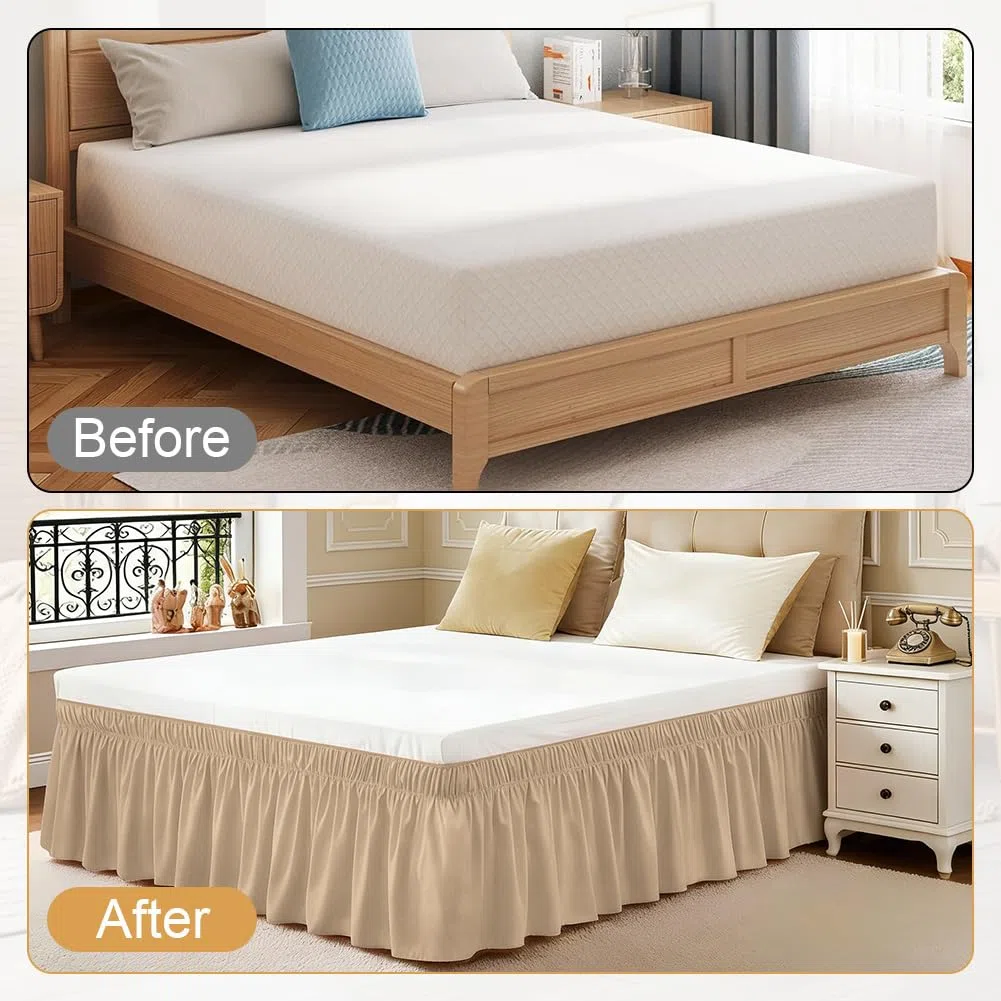RANJIMA gonna da letto pieghettata, 153 x 203 cm, gonna da letto con balze, gonna da letto avvolgente, altezza 38 cm, volant copriletto con doppio elastico, regalo per donne, sabbia