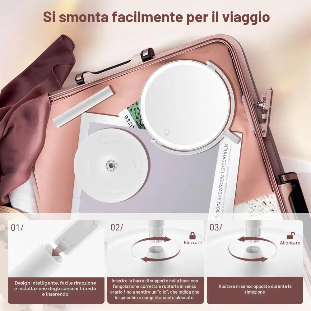 Specchio da trucco con illuminazione, specchio ingranditore 20x con 3 luci colorate, specchio cosmetico con ingrandimento con interruttore bifacciale, specchio ingranditore con luce per camera da