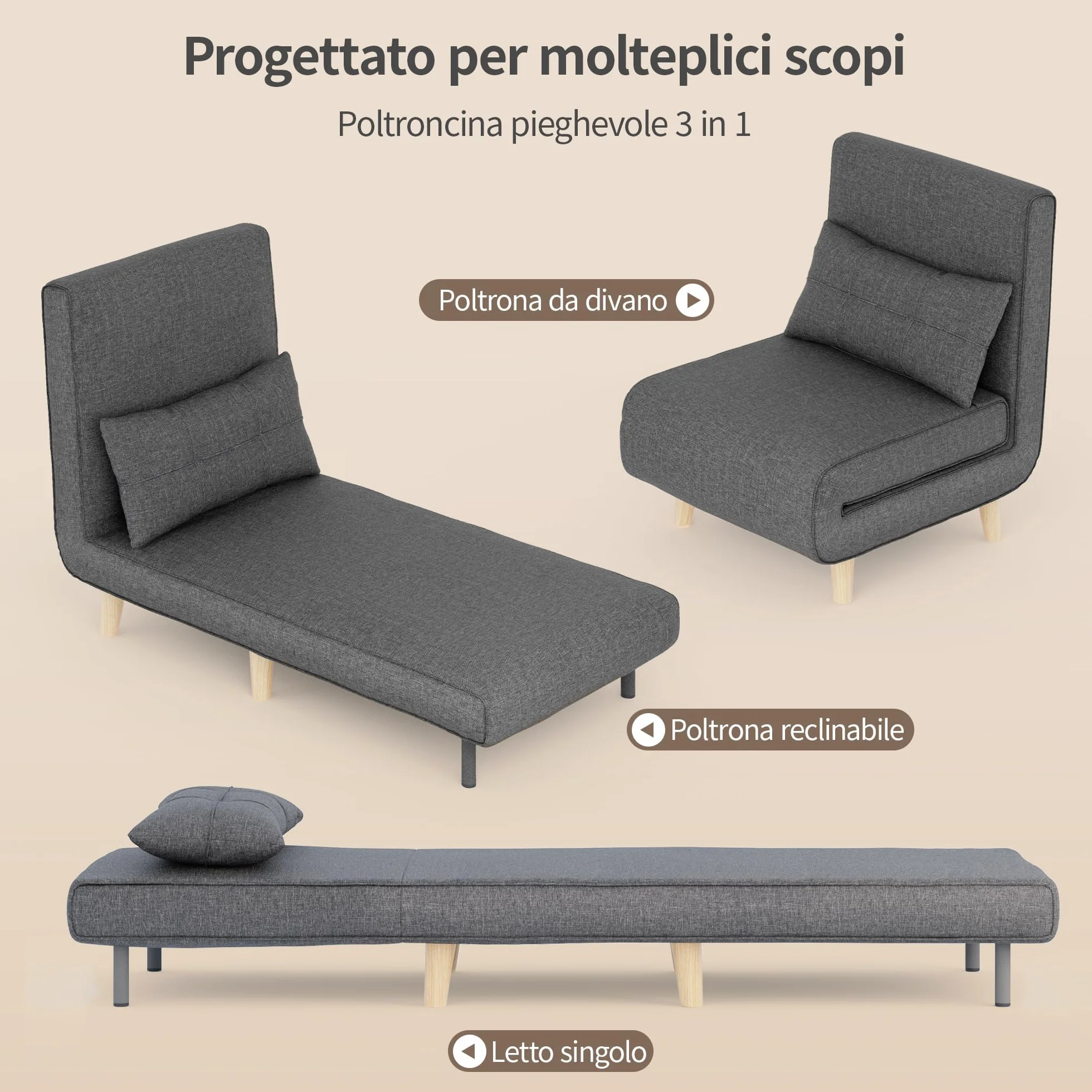 Bealife Poltrona Letto Singolo 3 in 1, Schienale Reclinabile 5 Livelli, Cuscino e Materasso Imbottiti, Divano Letto Pieghevole per Soggiorno、Camera, Lino con Gambe Legno, 75x70x75cm, Grigio