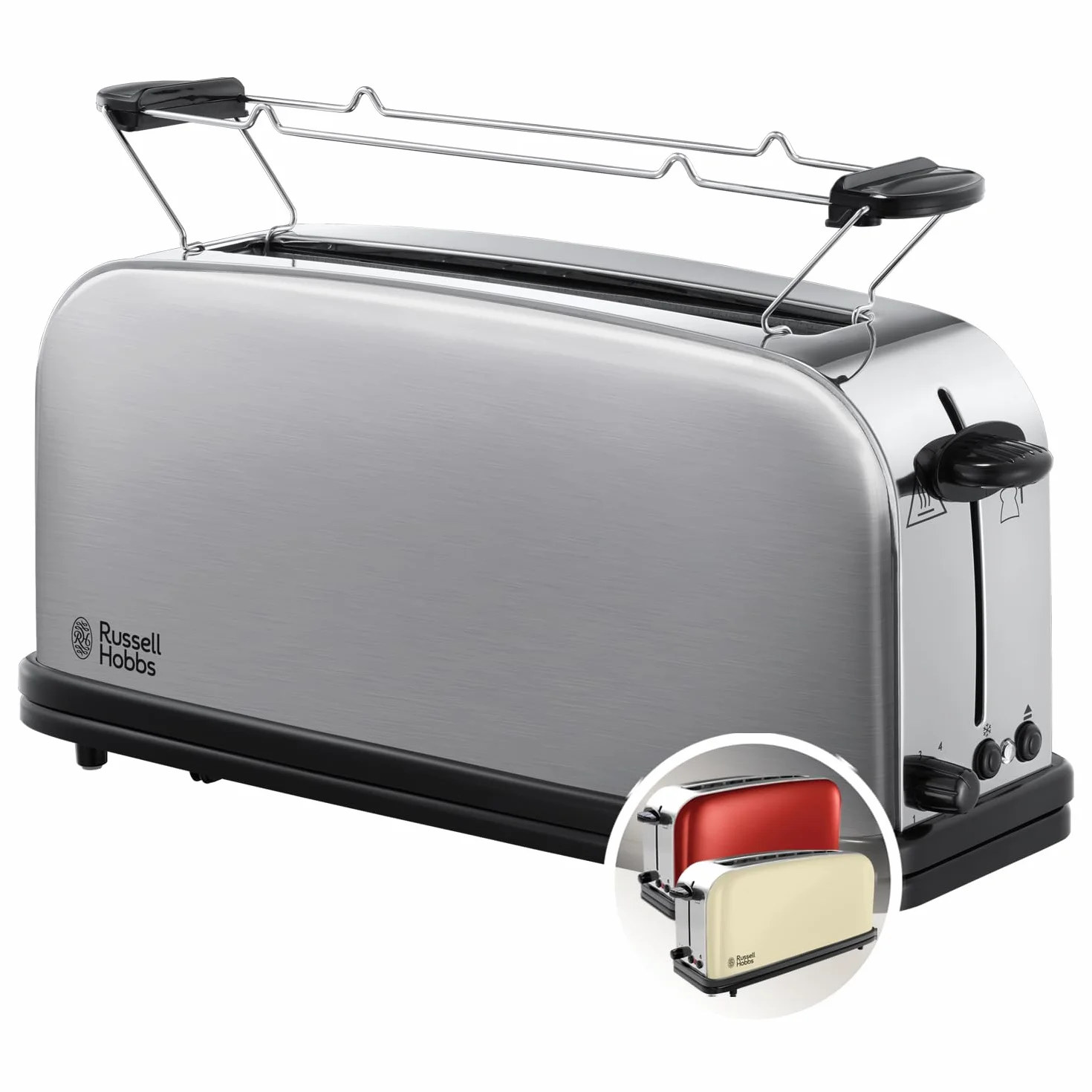 Russell Hobbs Tostapane - Design Lungo per 2 Fette o 1 Fetta larga di pane - Acciaio Inox Satinato; Scomparto per Toast extra ampio, 6 livelli di doratura e Scongelamento; 1000W Adventure 2SL 21396-56