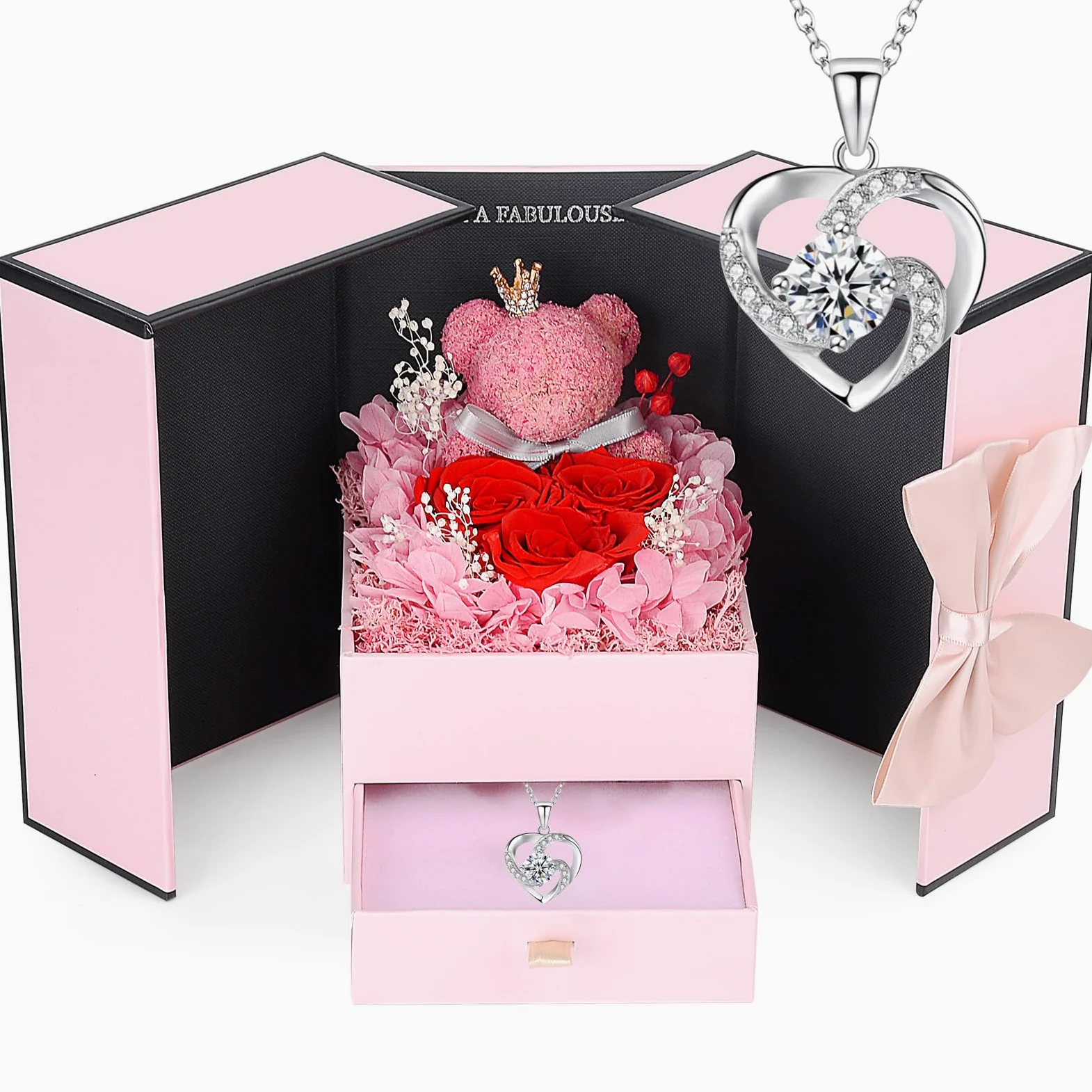 Rosa Eterna Idea Regalo per Lei,Rosa Stabilizzata con Collana e Orsetto Rosa Romantico Regalo San Valentino per lei,Festa della Mamma,Regalo di Compleanno per Fidanzata,Moglie,Donne