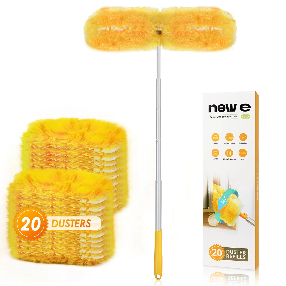 NEWE Duster Piumini Catturapolvere per Swiffer, 20 Piumini e 1 Alluminio Manici Telescopici 167.5 cm, 360 Gradi Cattura e Intrappola Polvere e Sporco con 5X Microfibre