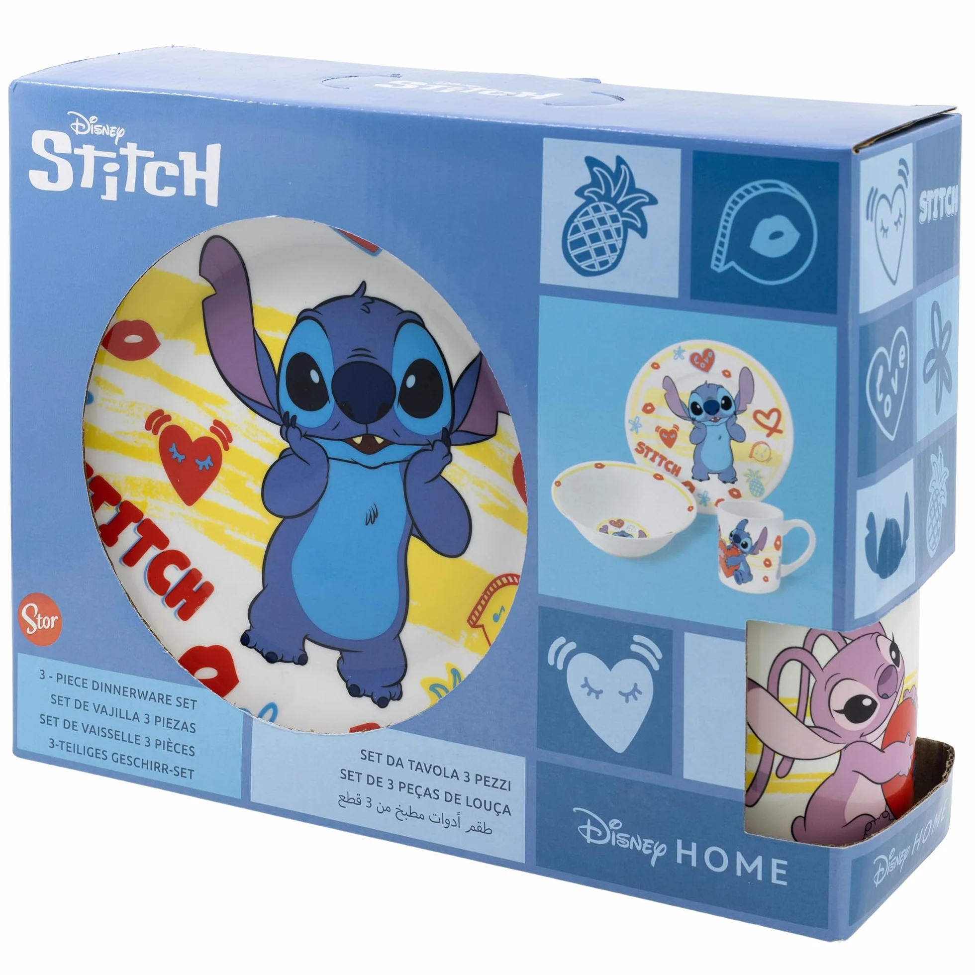 STOR Set Stoviglie Bambini Stitch - Piatto, Ciotola e Tazza in Ceramica - Servizio Completo Confezione Regalo per Bambini