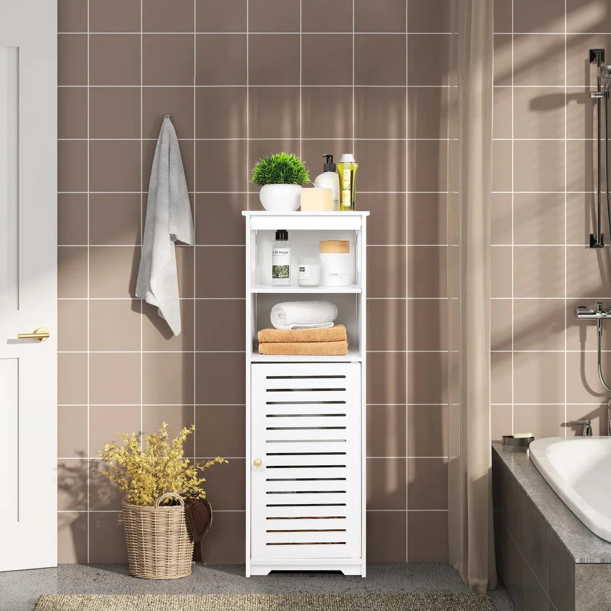 UTOKON Armadietto da bagno impermeabile, bianco a pavimento, per riporre oggetti per la casa, per WC, camera da letto, cucina, soggiorno