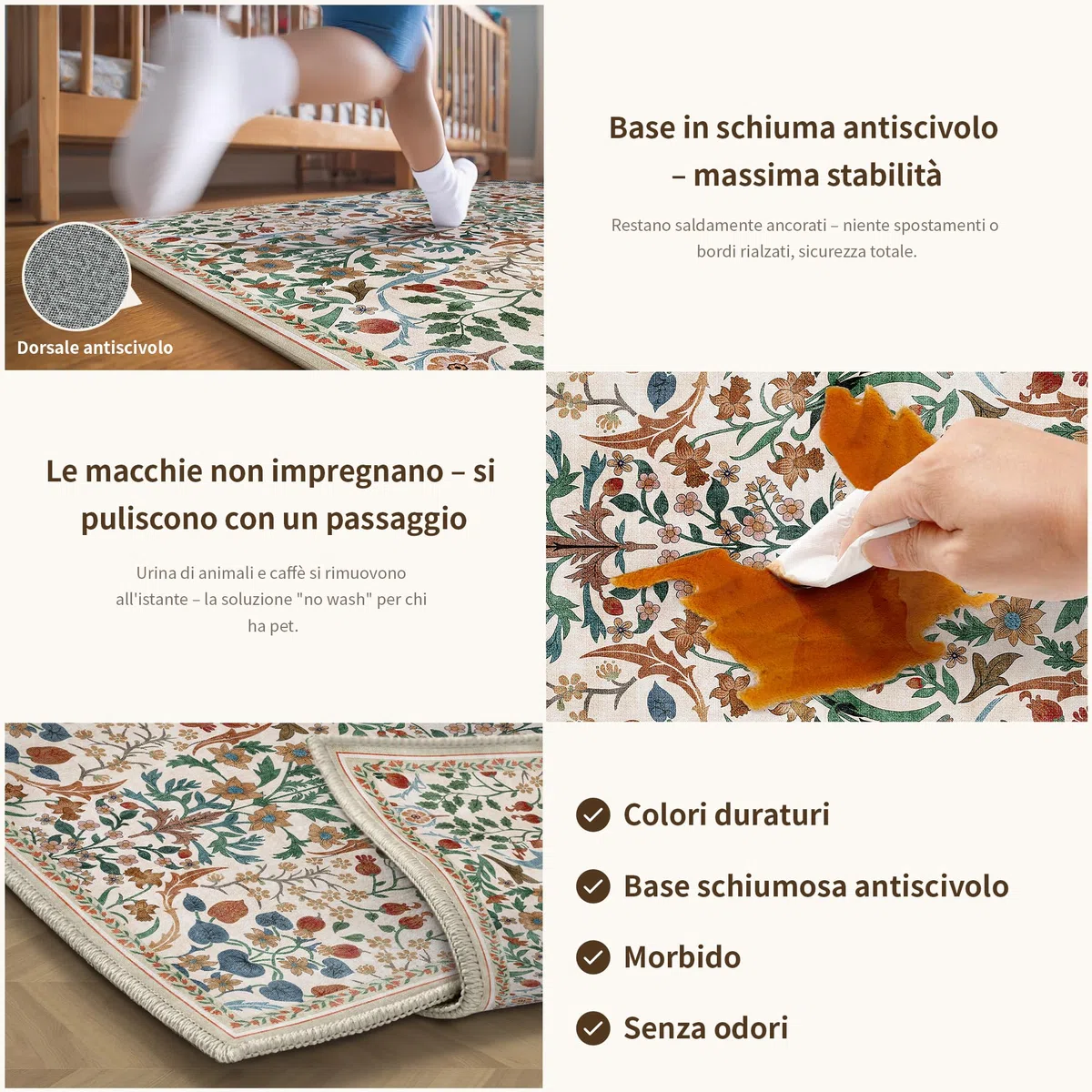 PureCozy Tappeto Corridoio 60x240cm Floreale Pelo Corto Antiscivolo Morbido Retro Lavabile Tappeti per Cucina Corridoio Piedi Del Letto Camera Da Letto Salotto Beige Rug