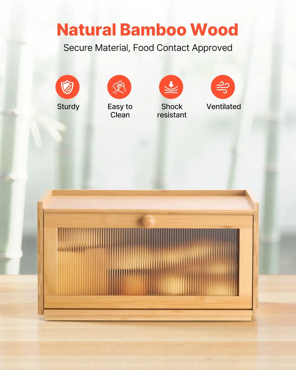 VEVOR Contenitore per Pane da Cucina 400 x 250 x 220 mm Contenitore per Pagnotta in Legno di Bambù per Pane Fatto in Casa, con Pannello Porta in Acrilico Ondulato, Forma di Rettangolo