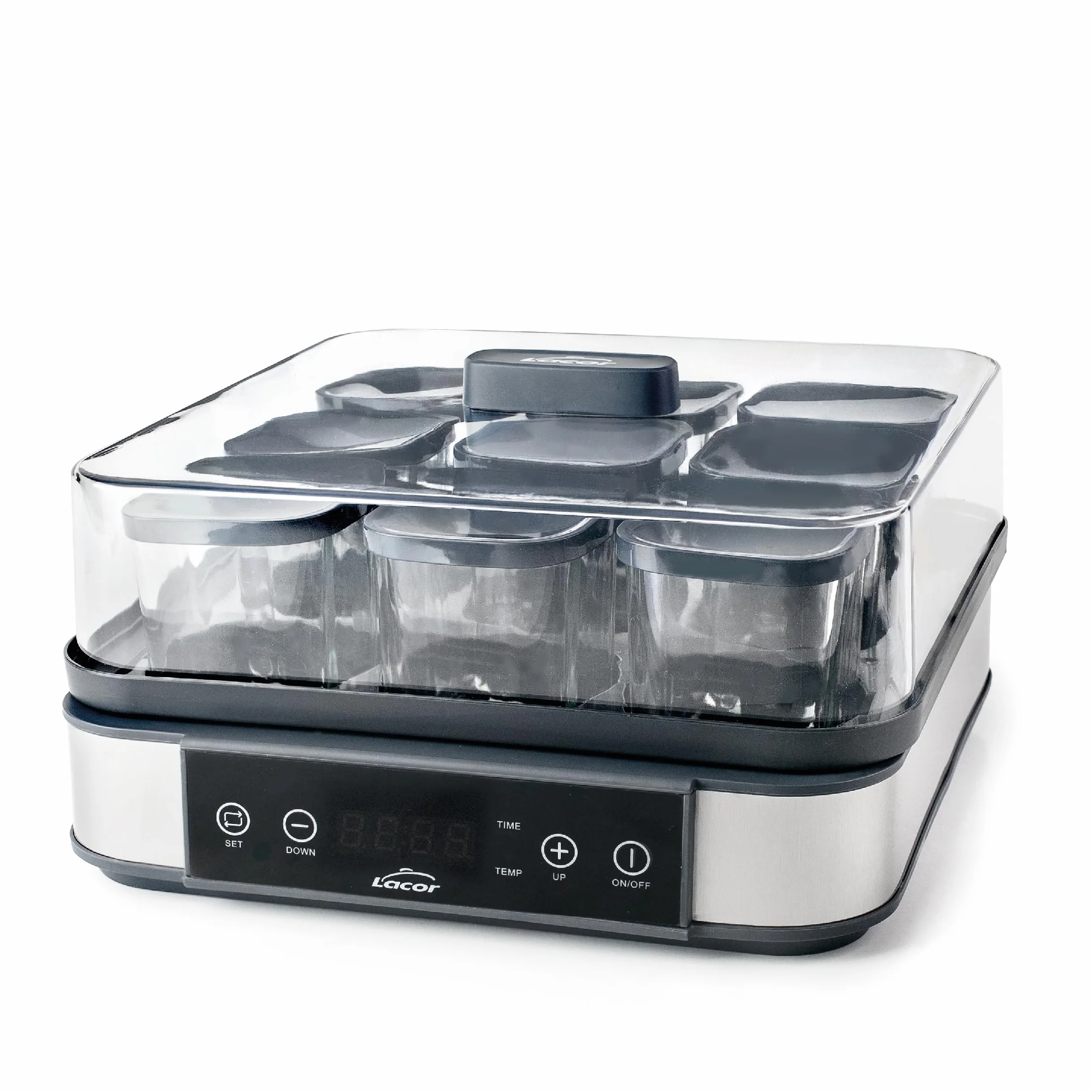 Lacor - 69439 - Yogurtiera in Vetro Deva, 9 Vasetti di Vetro Inclusi, Temperatura Regolabile, Timer, Spegnimento Automatico, Include Ricettario, 100% Senza BPA, 170ml x 9