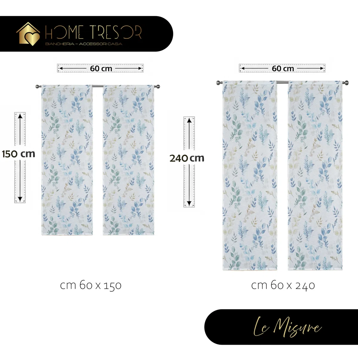 Home Tresor - Coppia Tende a Vetro | Tendine per Interni Primaverili Estive Stampa Foglie Floreale per Finestre e Porte, Cucina, Bagno,Soggiorno Mod. ARISTEA - 60x240 cm, Azzurro/Verde