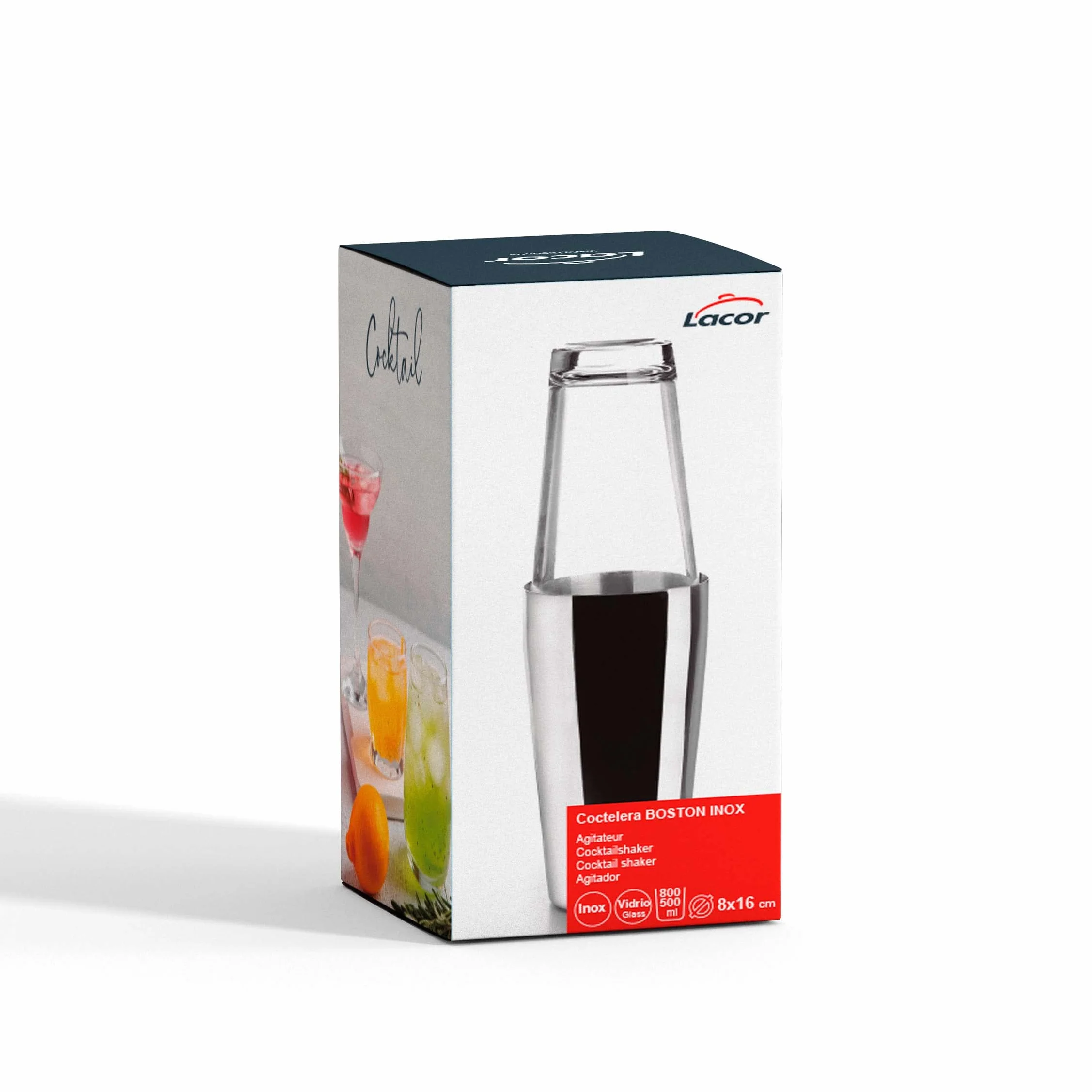 LACOR - 62285 - Boston Stainless Steel Cocktail Shaker for Professional Cocktails, 2 Glasses, Borosilicate Glass, Capacity 800 ml + 500 ml, Airtight Closure, Ø 8 x 16 cm, Grey