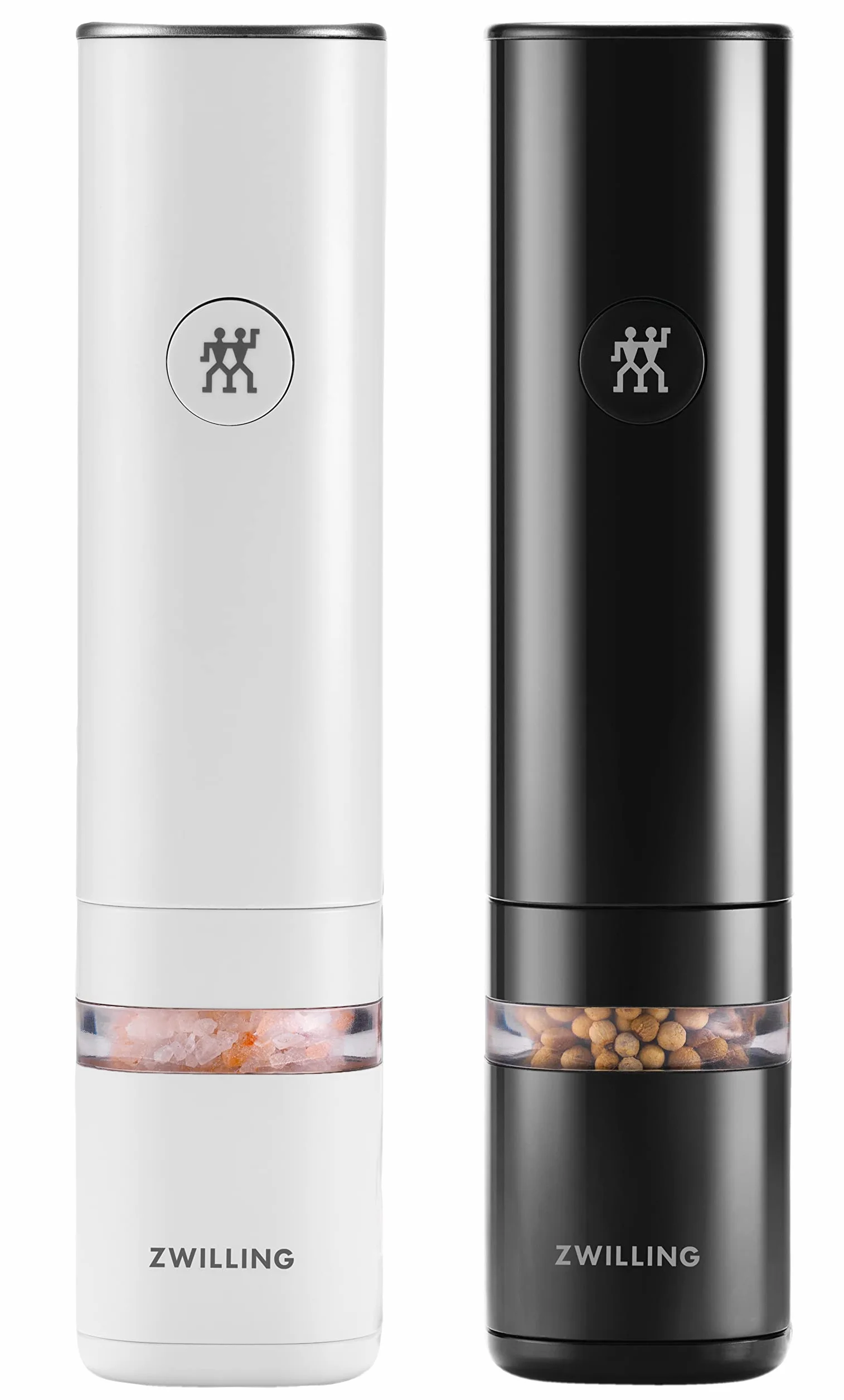 ZWILLING ENFINIGY Macina spezie elettrico per sale e pepe con macinino in ceramica e luce LED, ricaricabile via USB, set 2 pezzi: nero e bianco