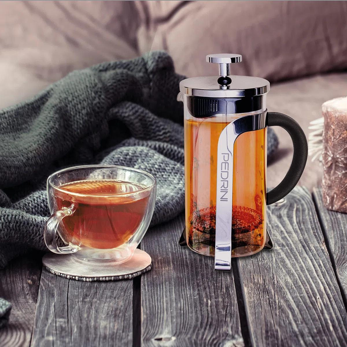 Pedrini infusiera 350 ml, Acciaio e Vetro temperato, con Filtro e premitore