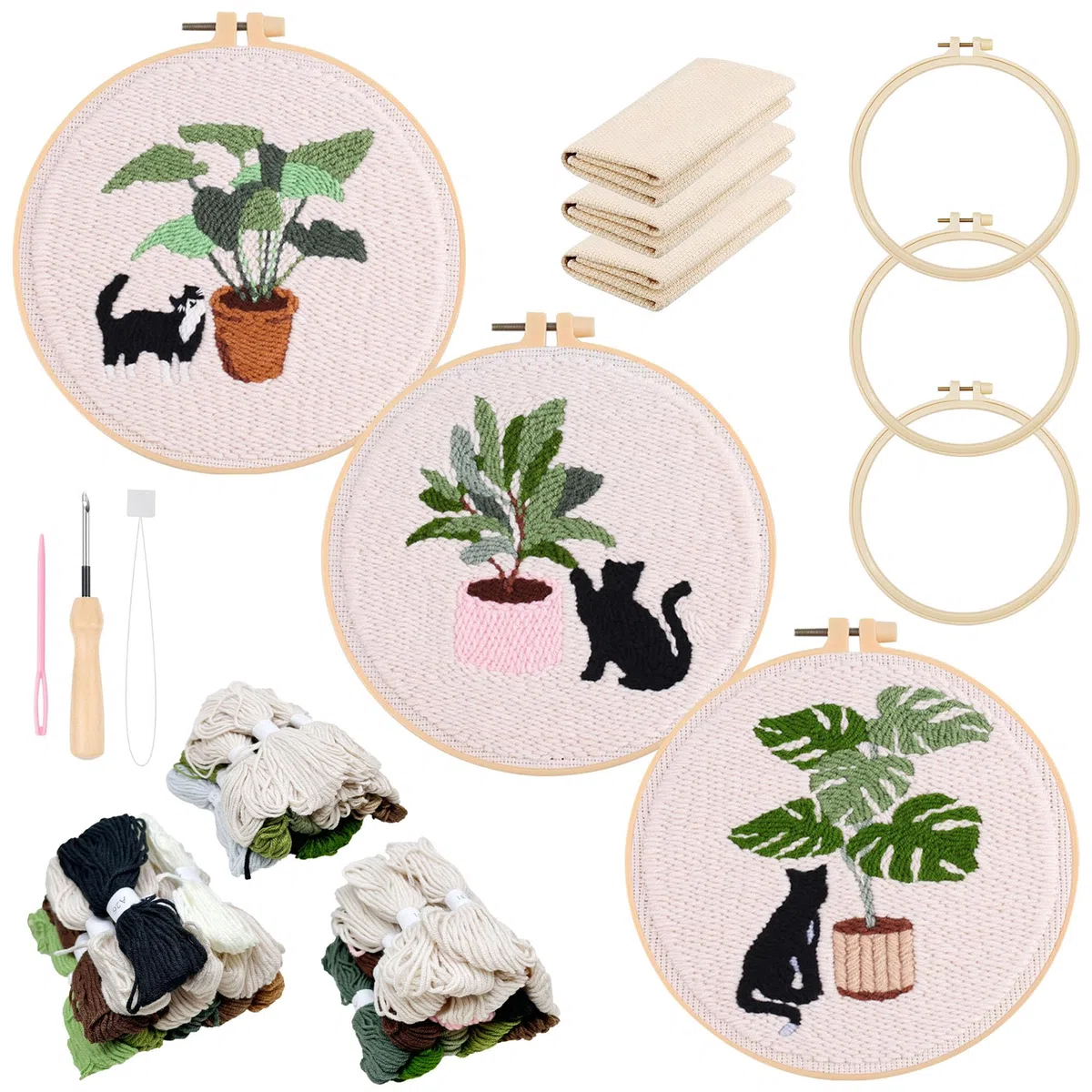 Allazone 3 Pz Punch Needle Kit Ricamo Starter Kit, Kit Completo per Ricamo con Piante e Gatti Motivo e Lstruzioni, Set da Ricamo per Principianti e Adulti