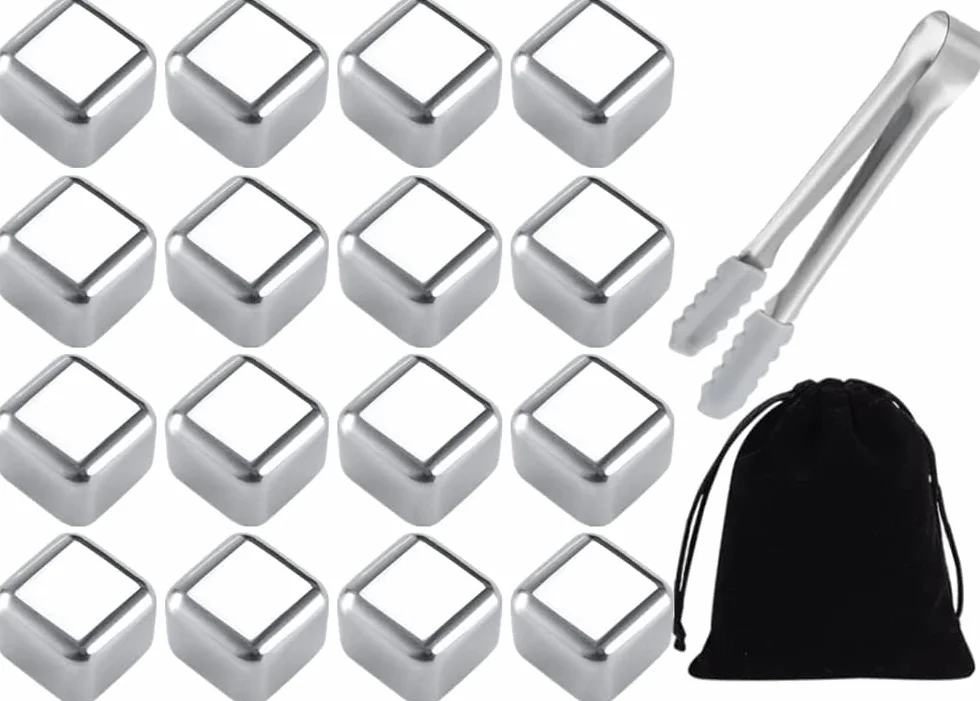 Set 16 PCS Cubetti di Ghiaccio Riutilizzabili in Acciaio Inox Con Pinze e Sacchetto di Stoffa per Cocktail e Amanti del Whisky