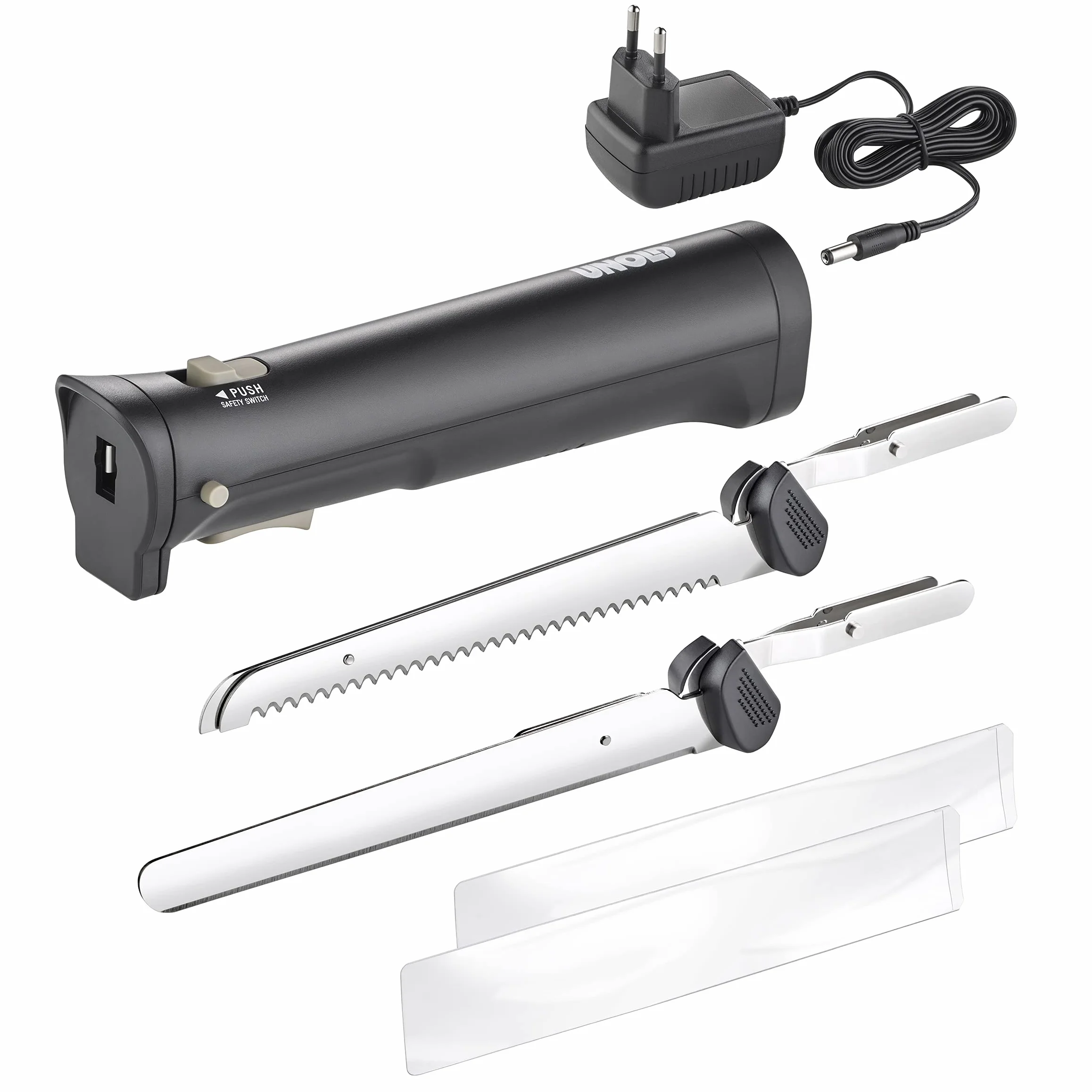 Unold 78815 Coltello elettrico senza fili con due coltelli intercambiabili in acciaio inox per pane, verdure, carne o pesce, durata della batteria di 45 minuti, senza fili – per una